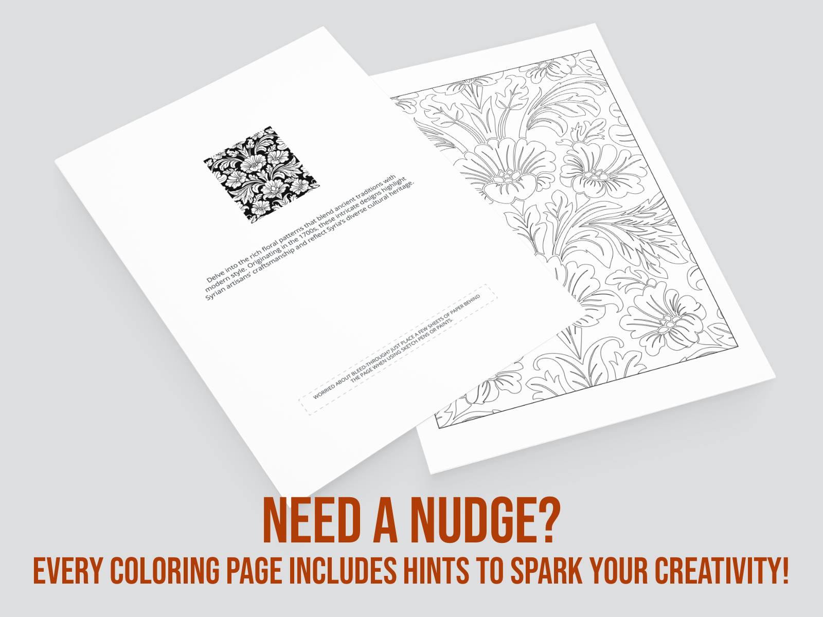 Two sheets of paper - One a coloring page and the other a sample or hint and text on a gray background which says "Need a nudge?"