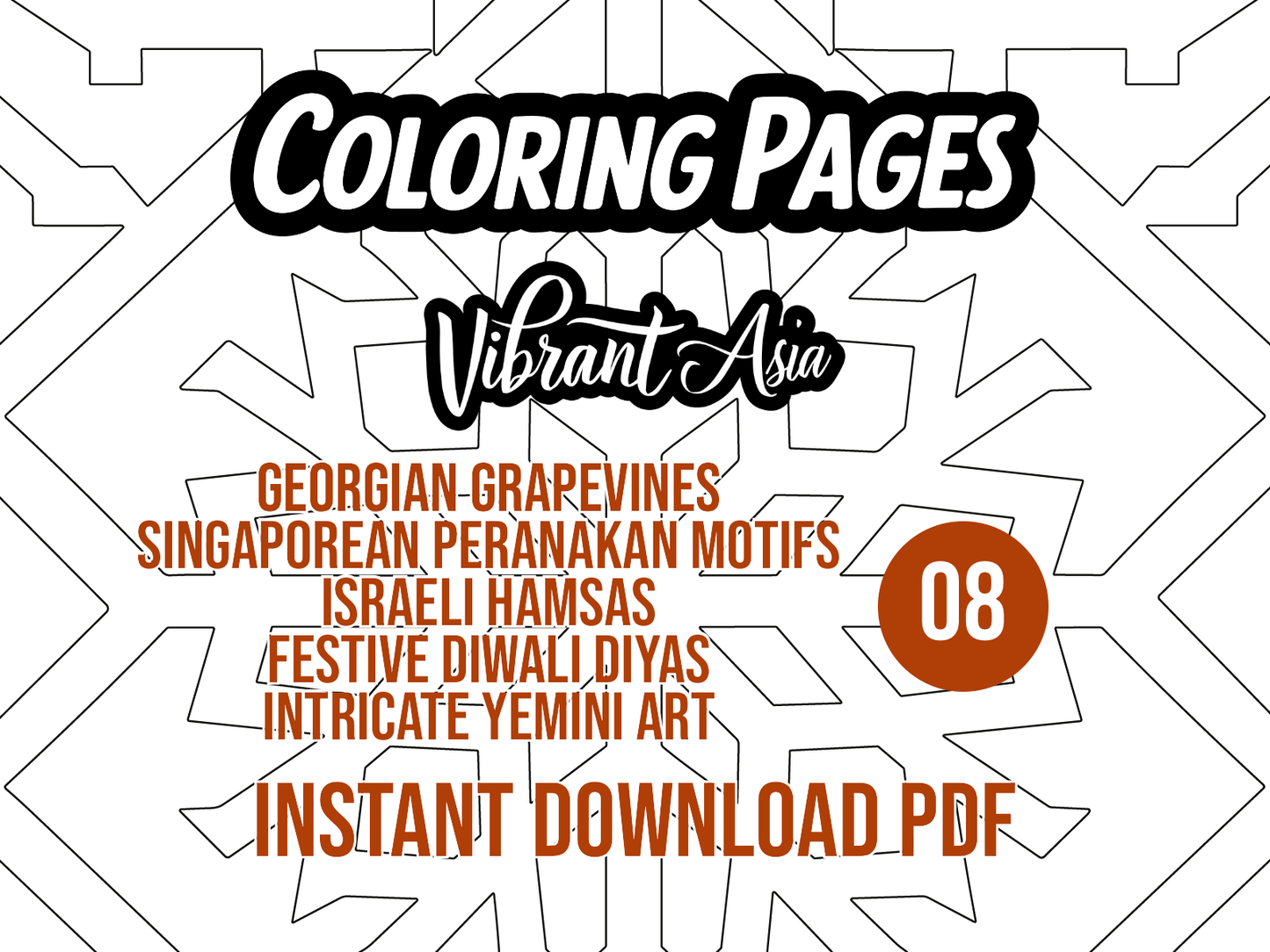 Promotional graphic for 'Coloring Pages Pack 08 Vibrant Asia' with text about included designs and Instant Download PDF.