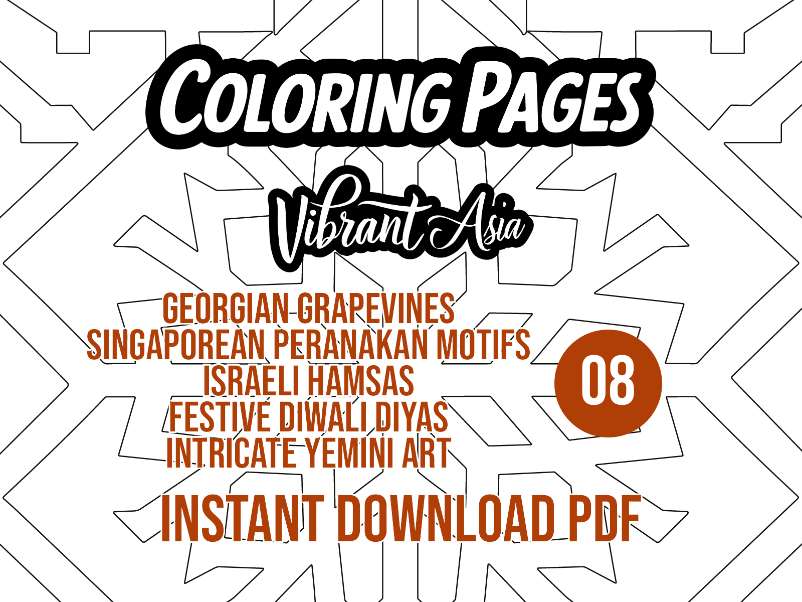 Promotional graphic for 'Coloring Pages Pack 08 Vibrant Asia' with text about included designs and Instant Download PDF.