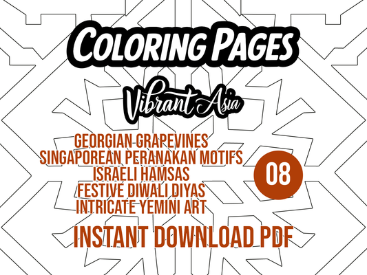 Promotional graphic for 'Coloring Pages Pack 08 Vibrant Asia' with text about included designs and Instant Download PDF.