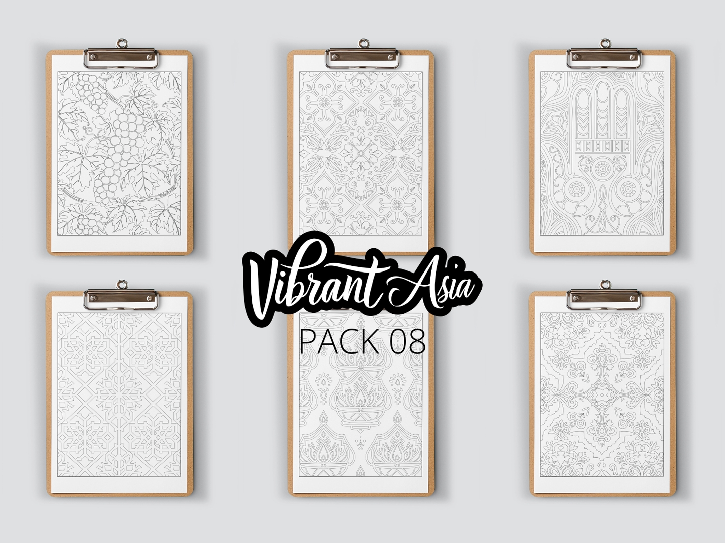 Set of six framed artworks on clipboards with 'Vibrant Asia Pack 08' text.