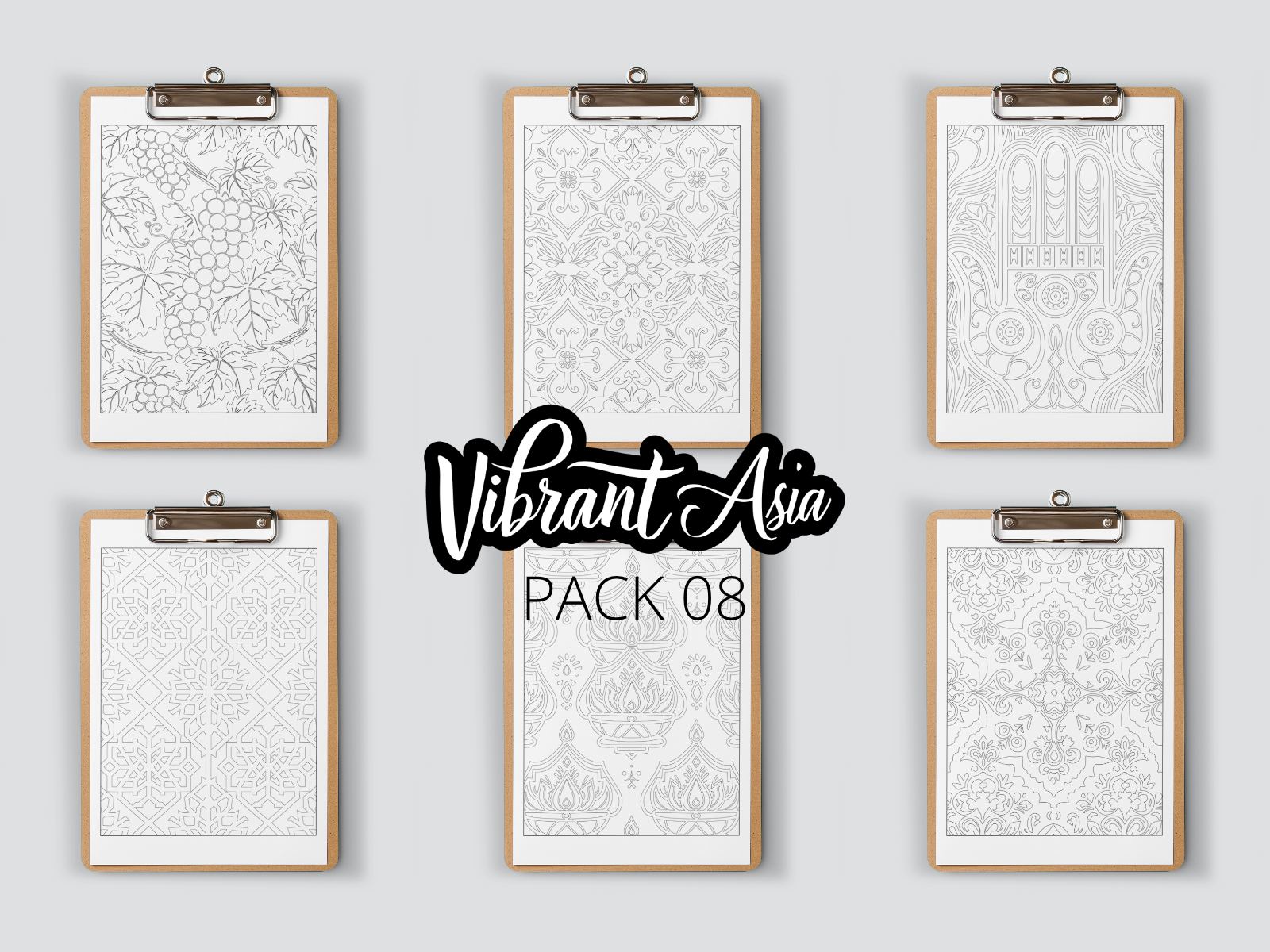 Set of six framed artworks on clipboards with 'Vibrant Asia Pack 08' text.