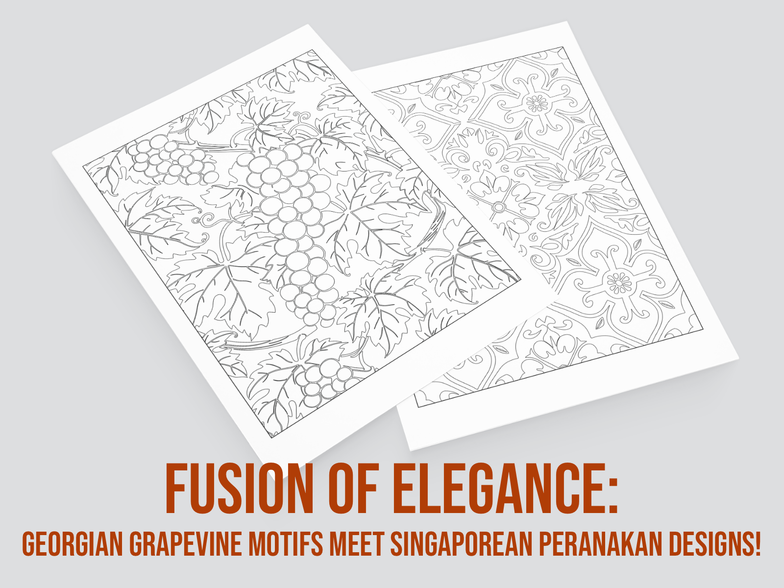 Two sheets of paper with intricate line art designs on a gray background, featuring text about fusion of elegance.