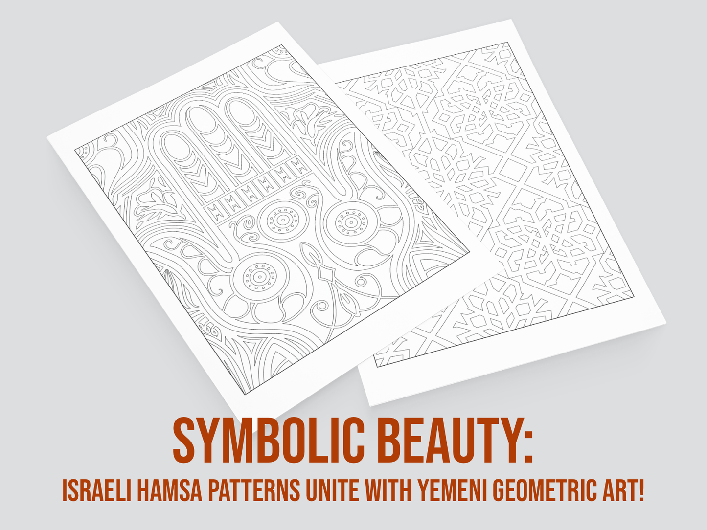 Two sheets of paper with patterns inspired from Asia on a gray background, featuring text about Israeli Hamsa patterns and Yemeni geometric art.