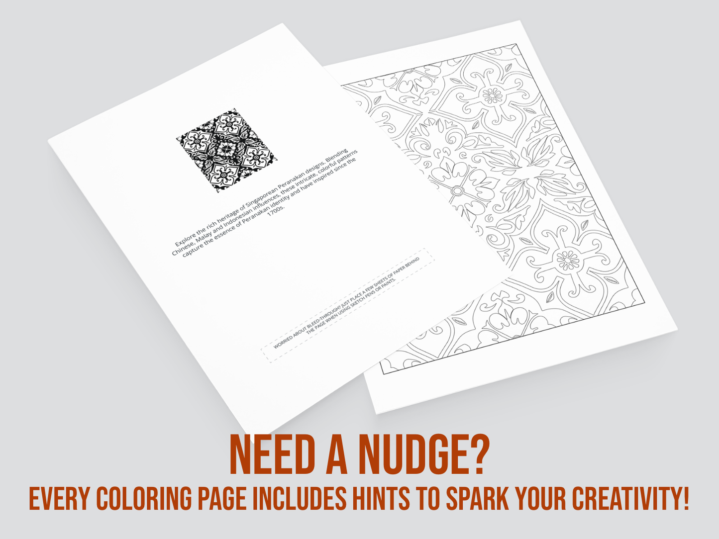 Two coloring pages with a text overlay on a gray background