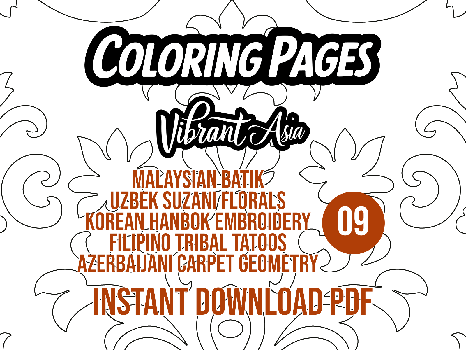 Promotional graphic for 'Coloring Pages Vibrant Asia' with decorative patterns and text.