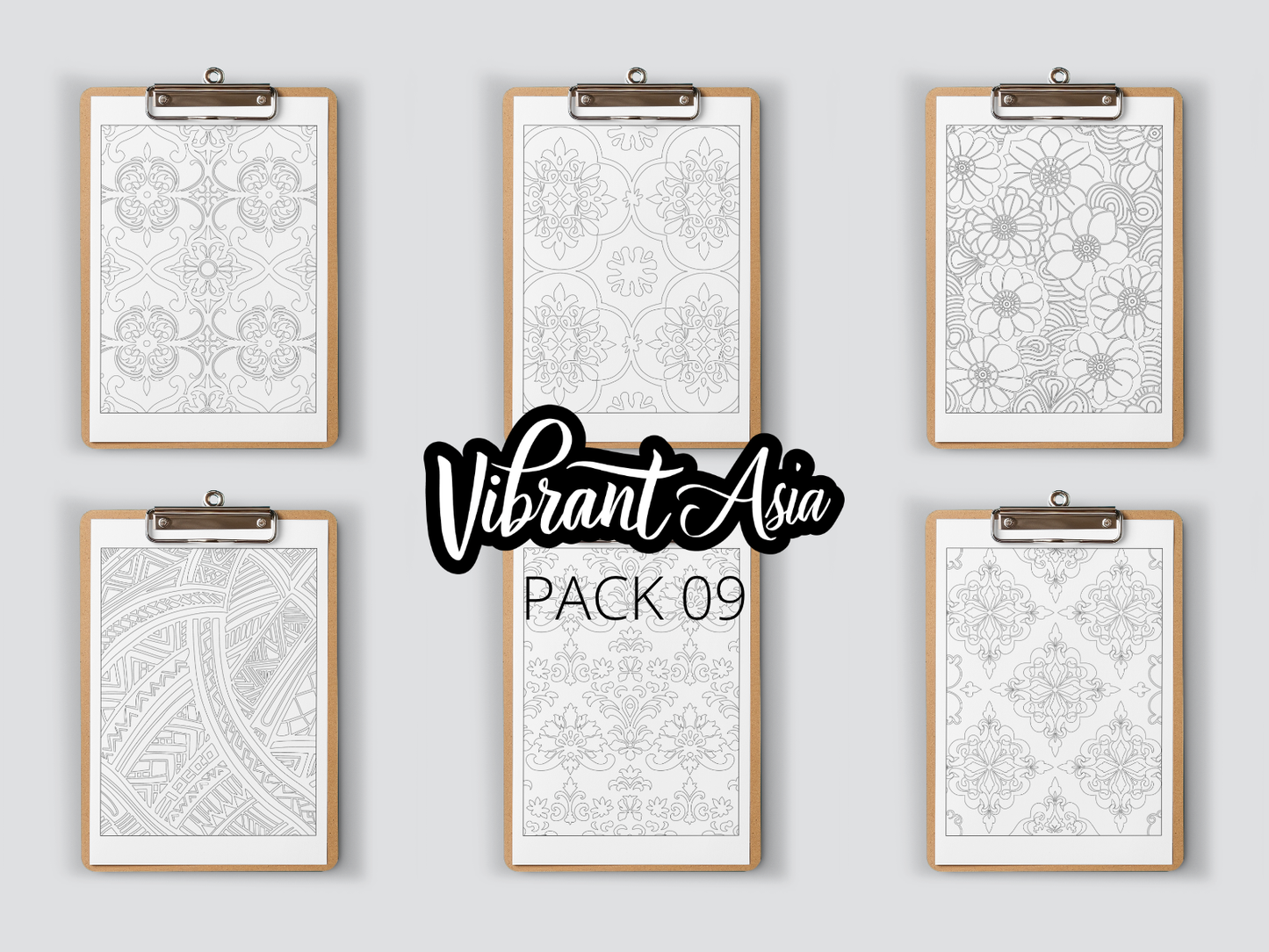 Set of six Asia inspired designs on clipboards with 'Vibrant Asia' branding on a light gray background and text saying "Pack 09".