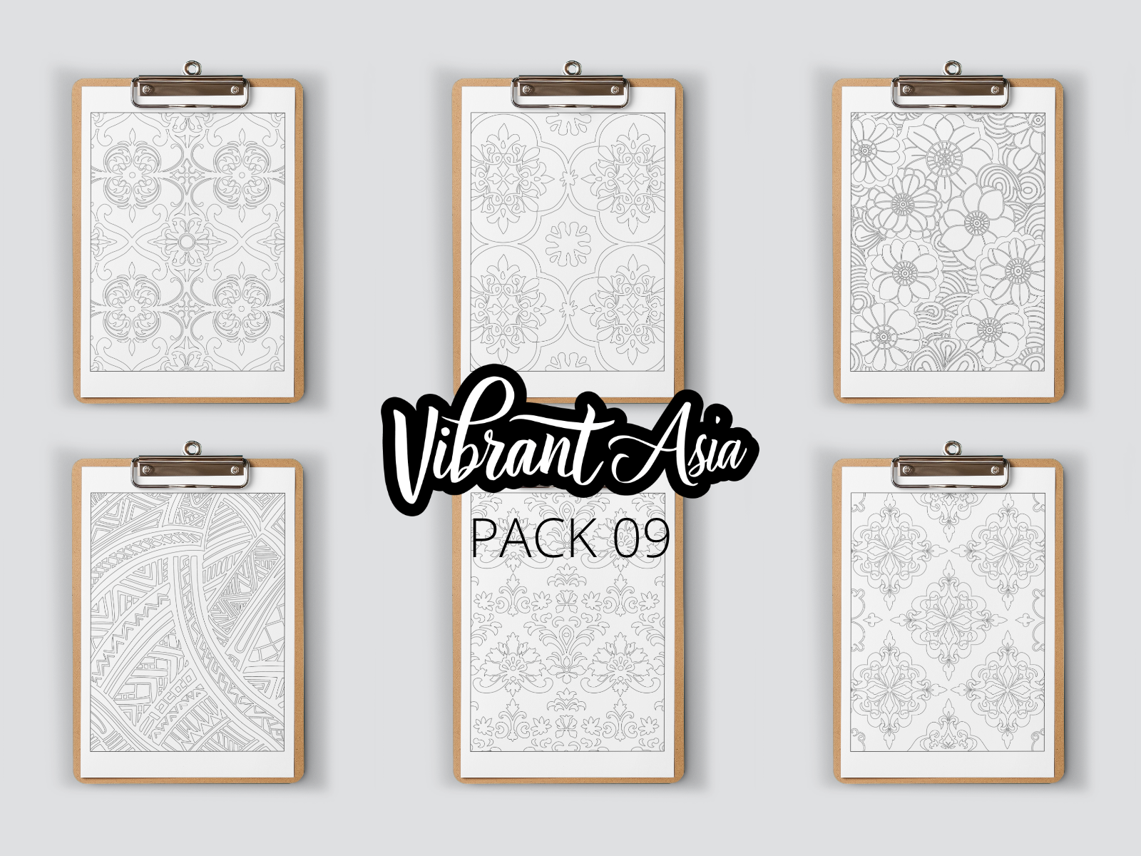 Set of six Asia inspired designs on clipboards with 'Vibrant Asia' branding on a light gray background and text saying "Pack 09".