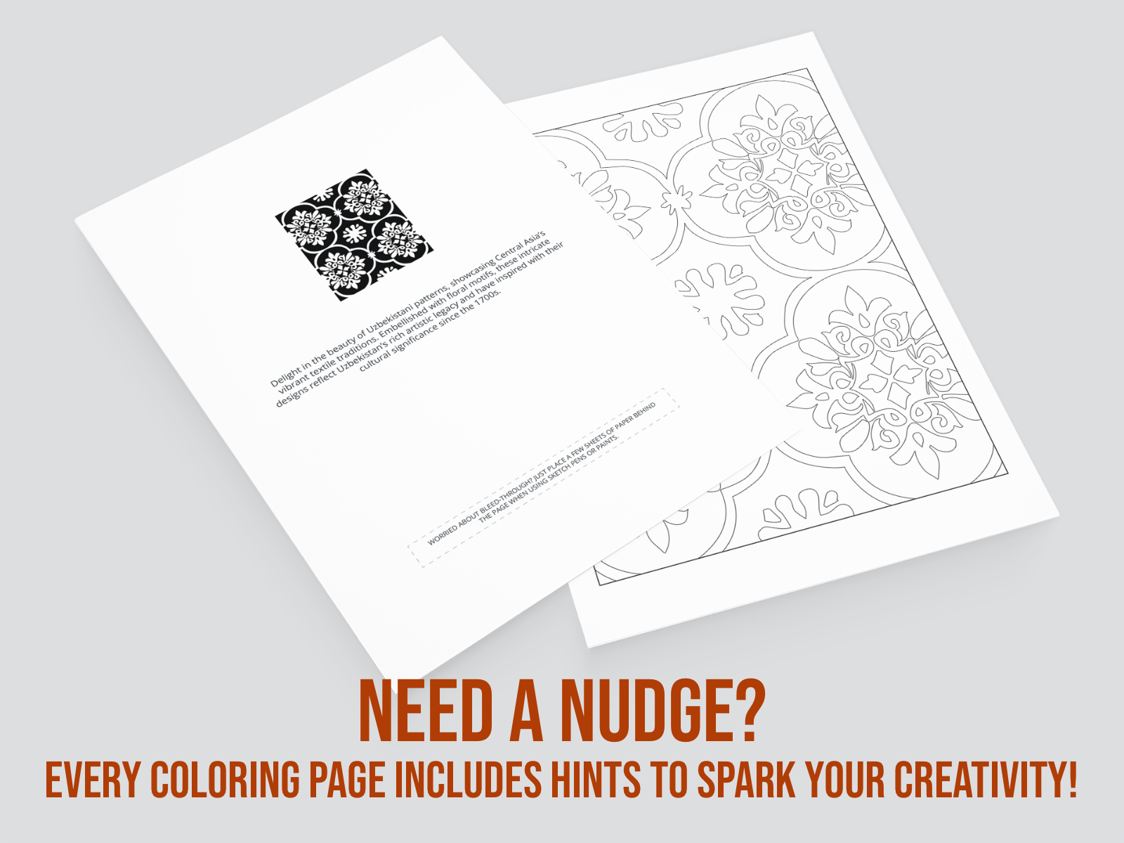 Two coloring pages with patterns on a gray background, featuring text about hints to spark creativity.
