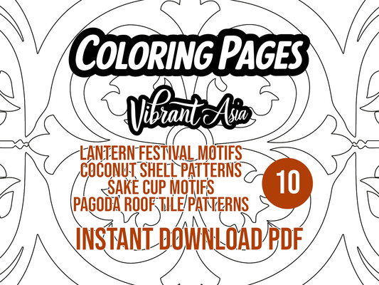 Promotional graphic for a Coloring Pages Pack from Vibrant Asia with decorative patterns and text showing the origins of the designs.