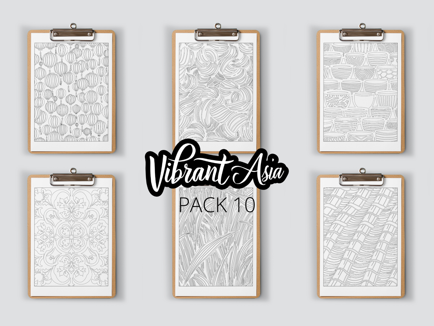 Set of six framed artworks on clipboards with 'Vibrant Asia Pack 10' branding.