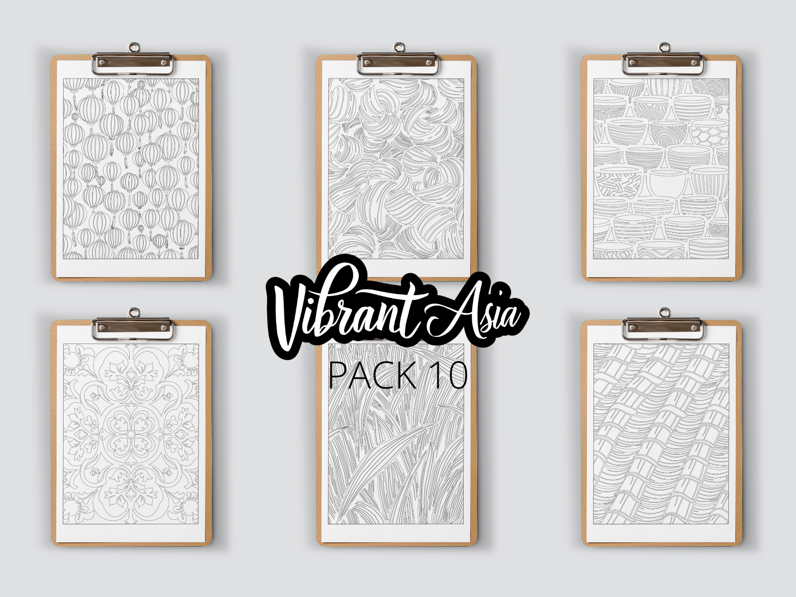 Set of six framed artworks on clipboards with 'Vibrant Asia Pack 10' branding.