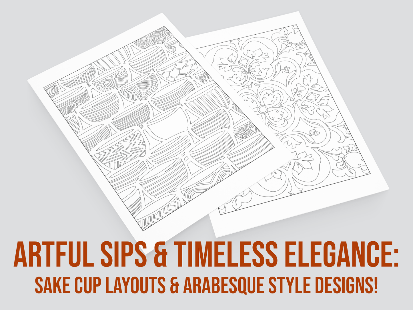 Two sheets of paper with intricate designs on a gray background, featuring text about sake cup layouts and arabesque style designs.