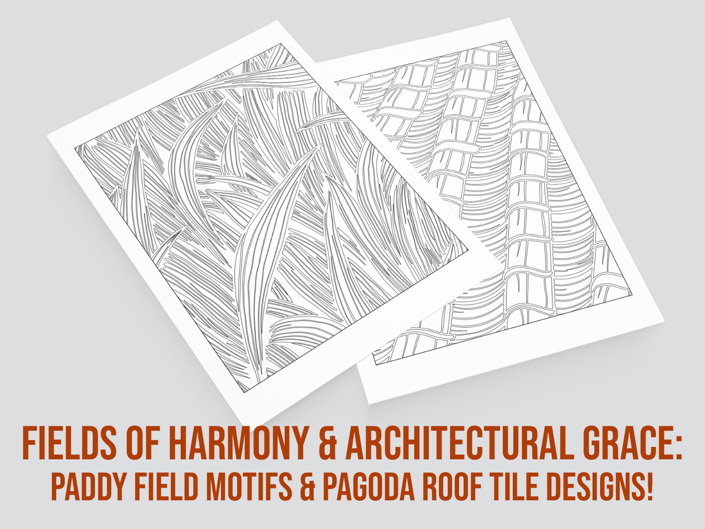 Two sheets of paper with line art designs on a gray background, featuring text about paddy field motifs and pagoda roof tile designs.