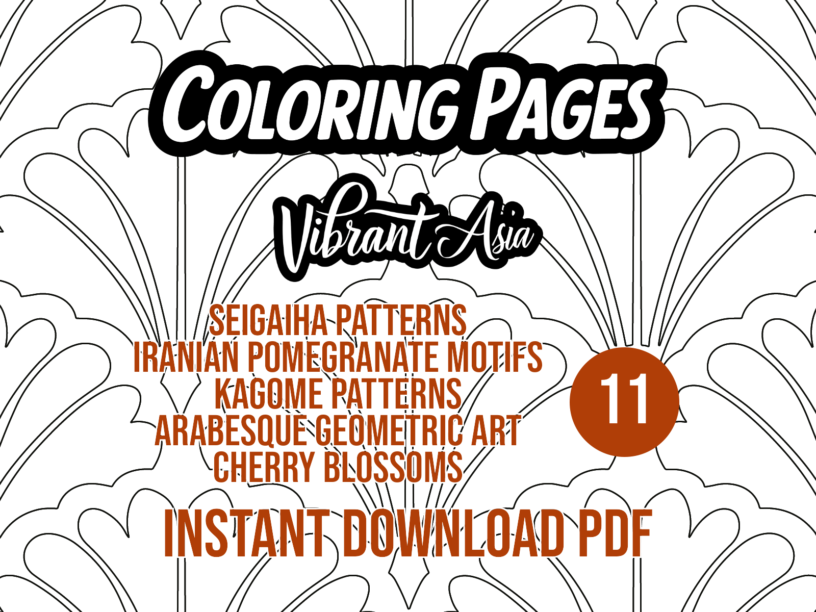 Promotional Cover of a coloring pack with text about patterns and motifs, featuring the brand 'Vibrant Asia' and text overlay with origins of the designs.