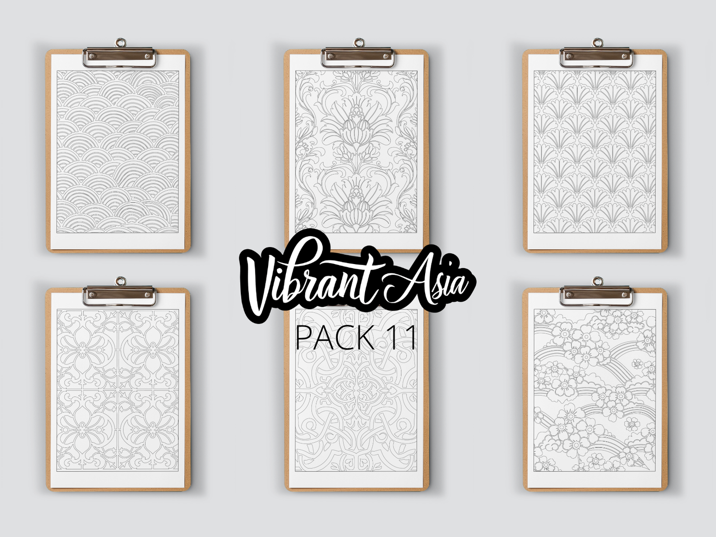 Set of six framed designs on clipboards with 'Vibrant Asia Pack 11' text.