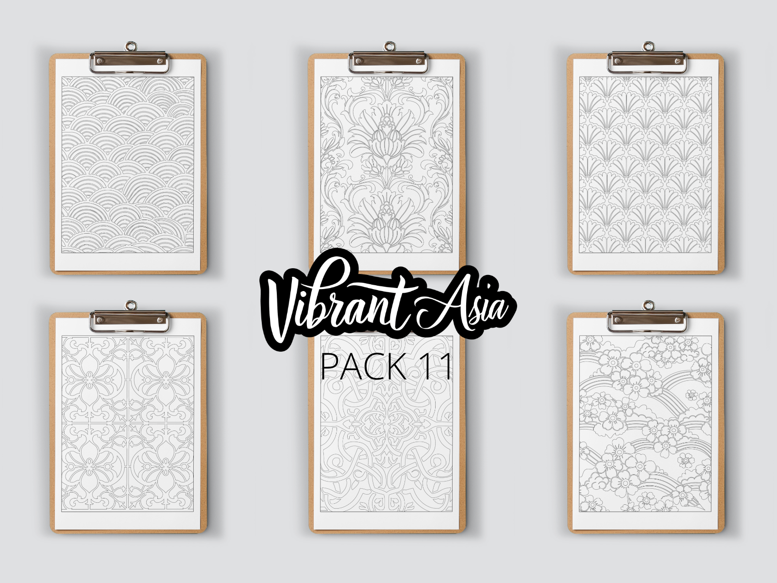 Set of six framed designs on clipboards with 'Vibrant Asia Pack 11' text.