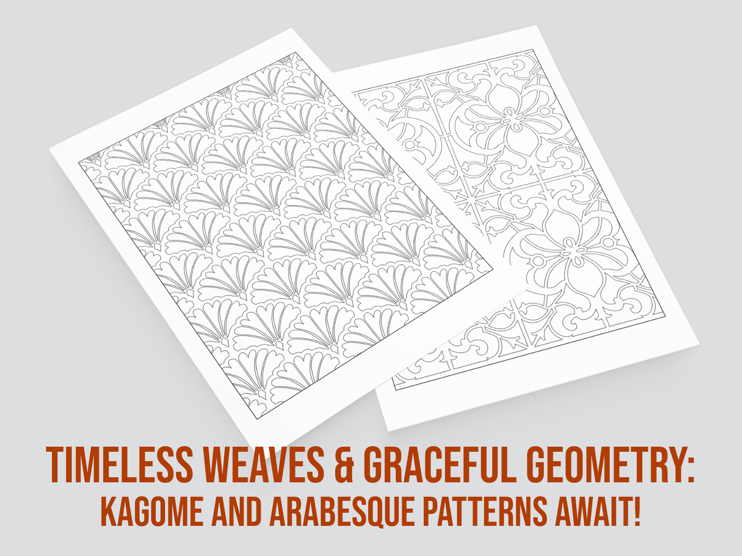 Two sheets of paper with geometric patterns on a gray background, featuring text about Kagome and Arabesque patterns.