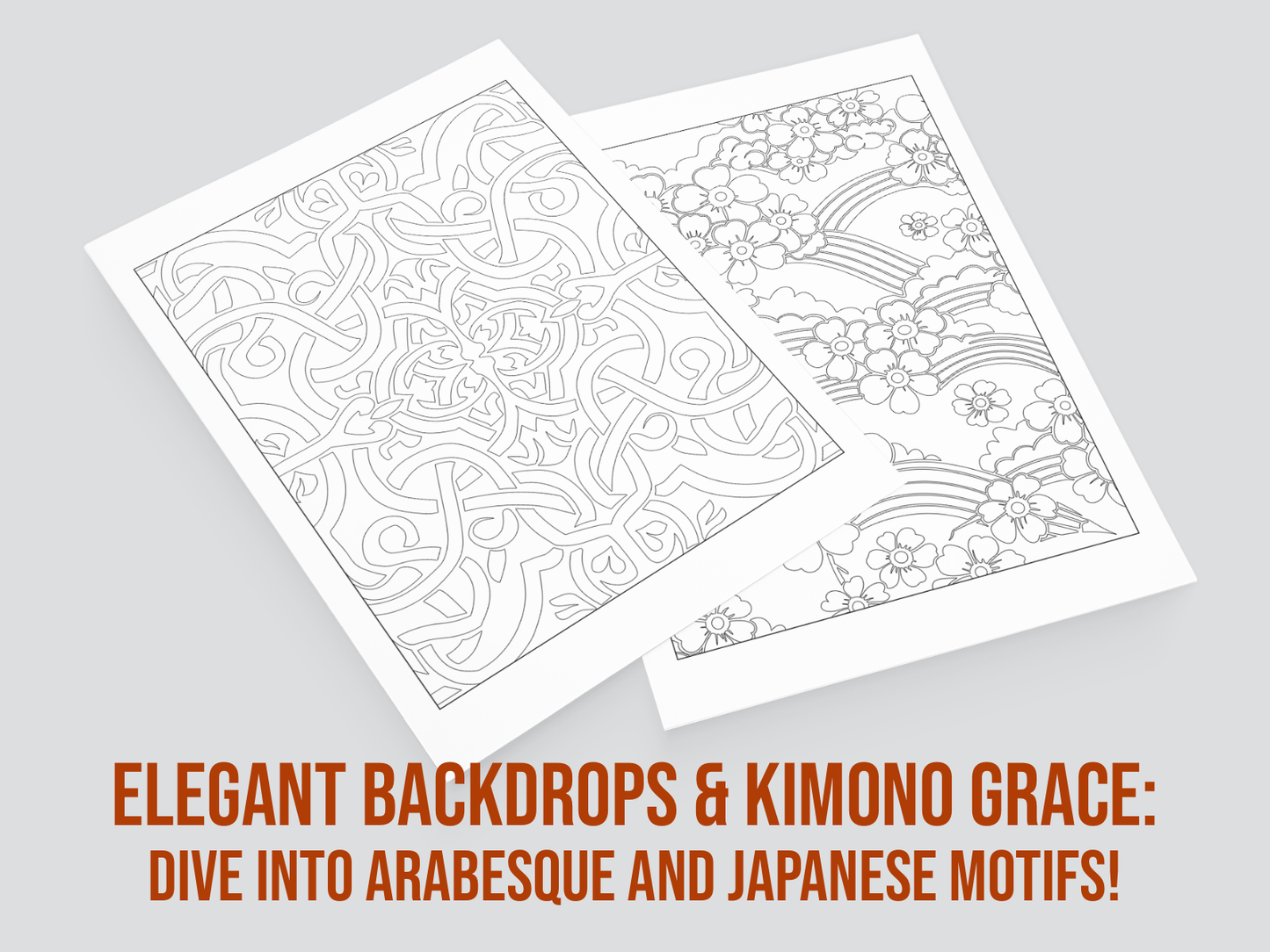 Two coloring pages with intricate designs on a gray background, featuring text about arabesque and Japanese motifs.