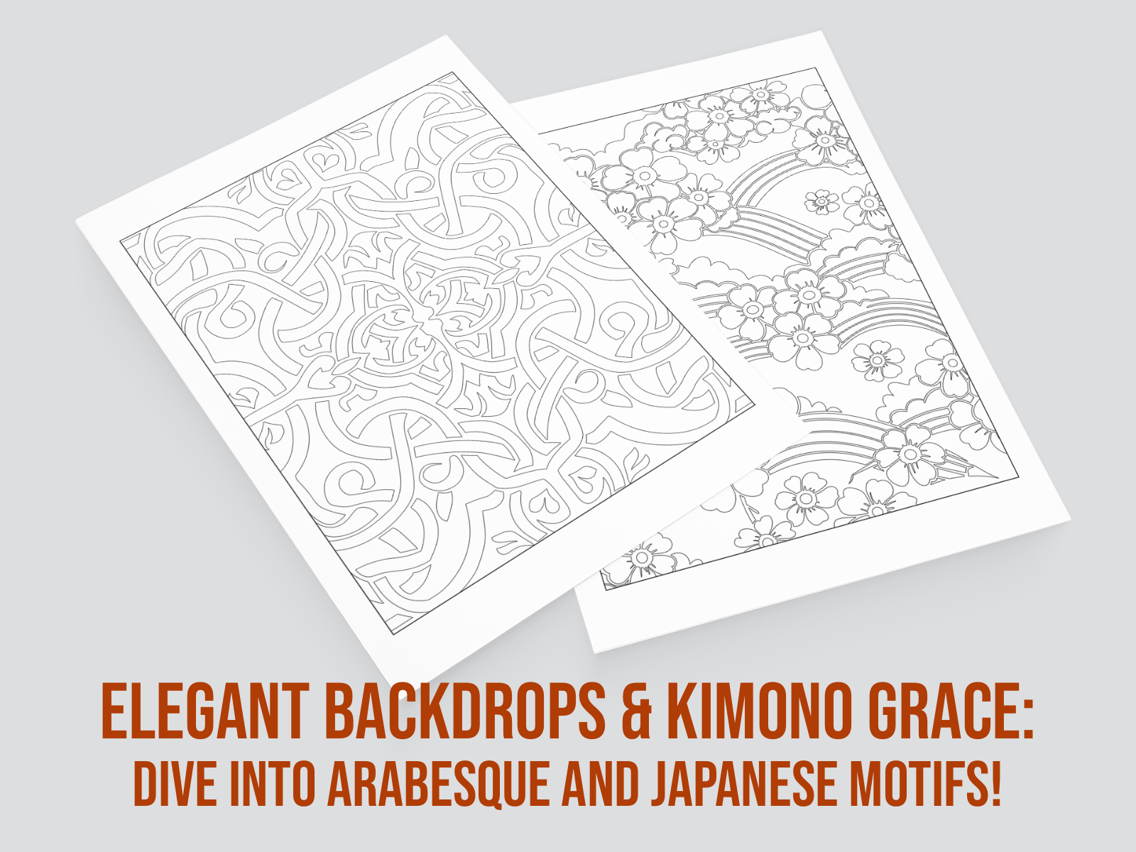 Two coloring pages with intricate designs on a gray background, featuring text about arabesque and Japanese motifs.