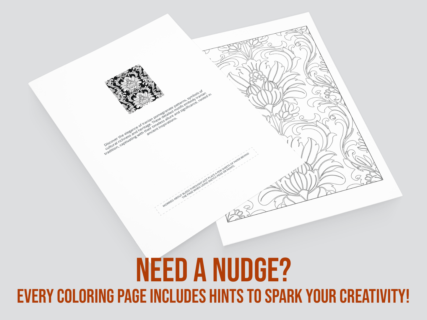 Two pages showing a coloring page and a page with a sample image on a gray background with text encouraging creativity.