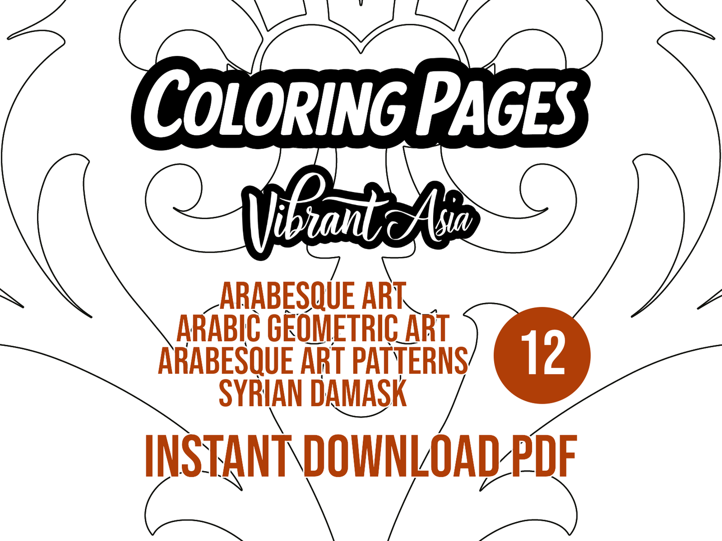 Promotional graphic for 'Coloring Pages Vibrant Asia' with decorative patterns and text showing the origins of the designs.