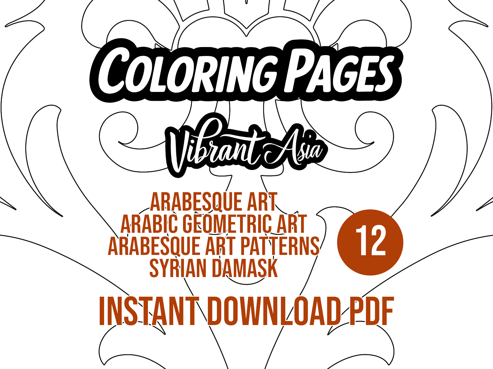 Promotional graphic for 'Coloring Pages Vibrant Asia' with decorative patterns and text showing the origins of the designs.