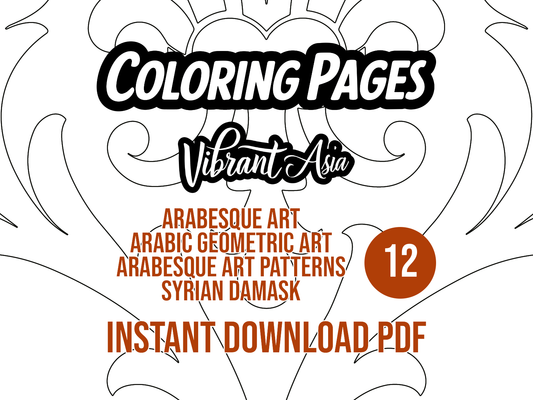 Promotional graphic for 'Coloring Pages Vibrant Asia' with decorative patterns and text showing the origins of the designs.