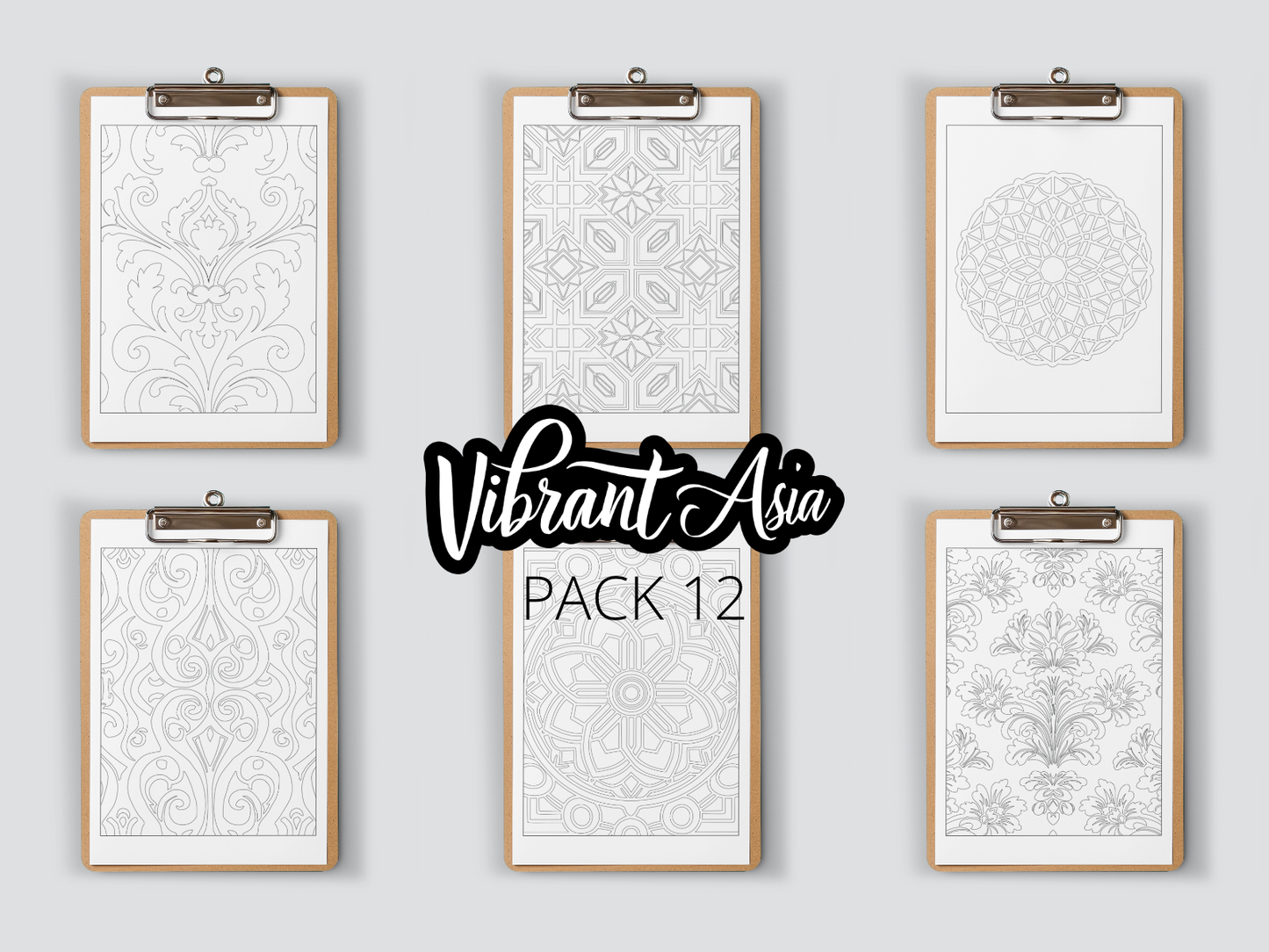 Set of six framed patterns on clipboards with 'Vibrant Asia Pack 12' text.
