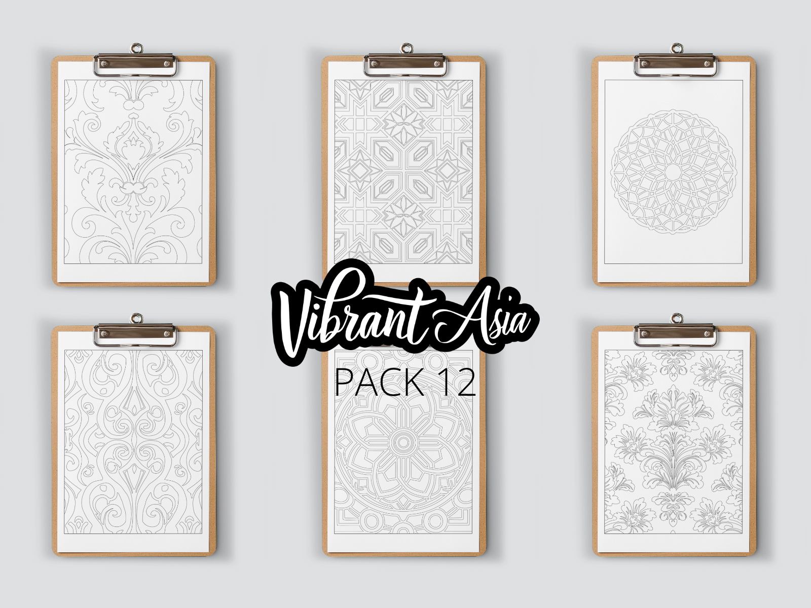 Set of six framed patterns on clipboards with 'Vibrant Asia Pack 12' text.