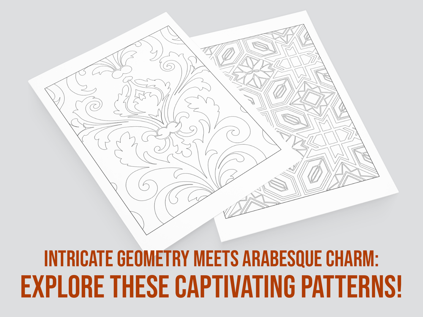 Two sheets of paper with intricate geometric and Arabesque patterns on a gray background.