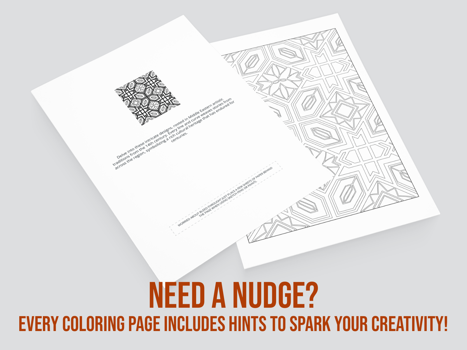 Two coloring pages with geometric patterns on a gray background, featuring text about hints to spark creativity.