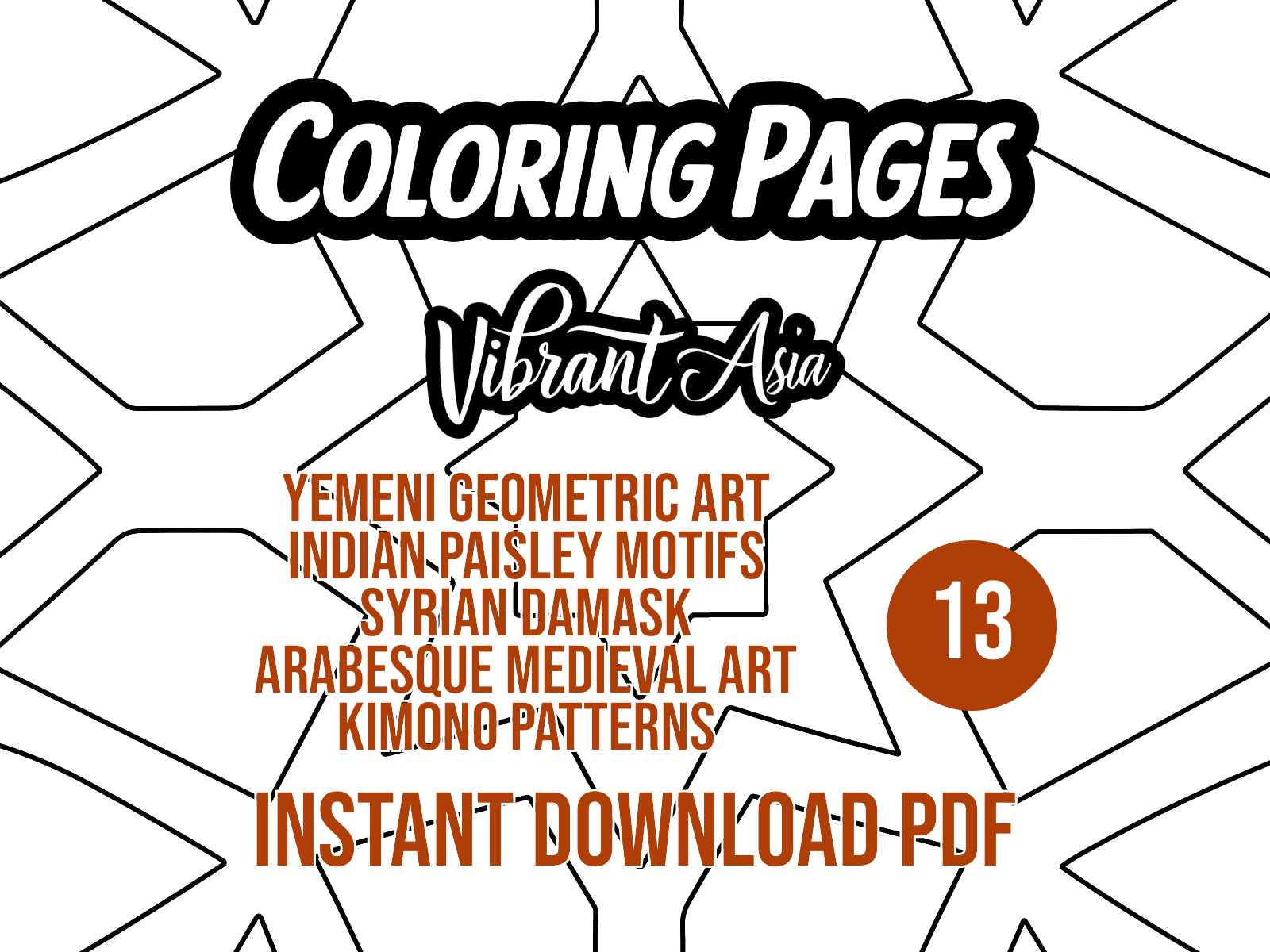 Promotional graphic for 'Coloring Pages' by Vibrant Asia with geometric patterns and text showing the origins of the different patterns.