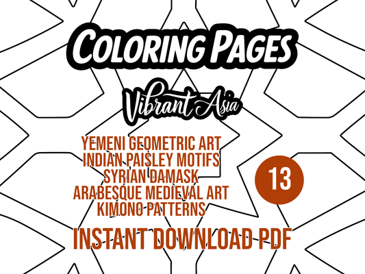 Promotional graphic for 'Coloring Pages' by Vibrant Asia with geometric patterns and text showing the origins of the different patterns.