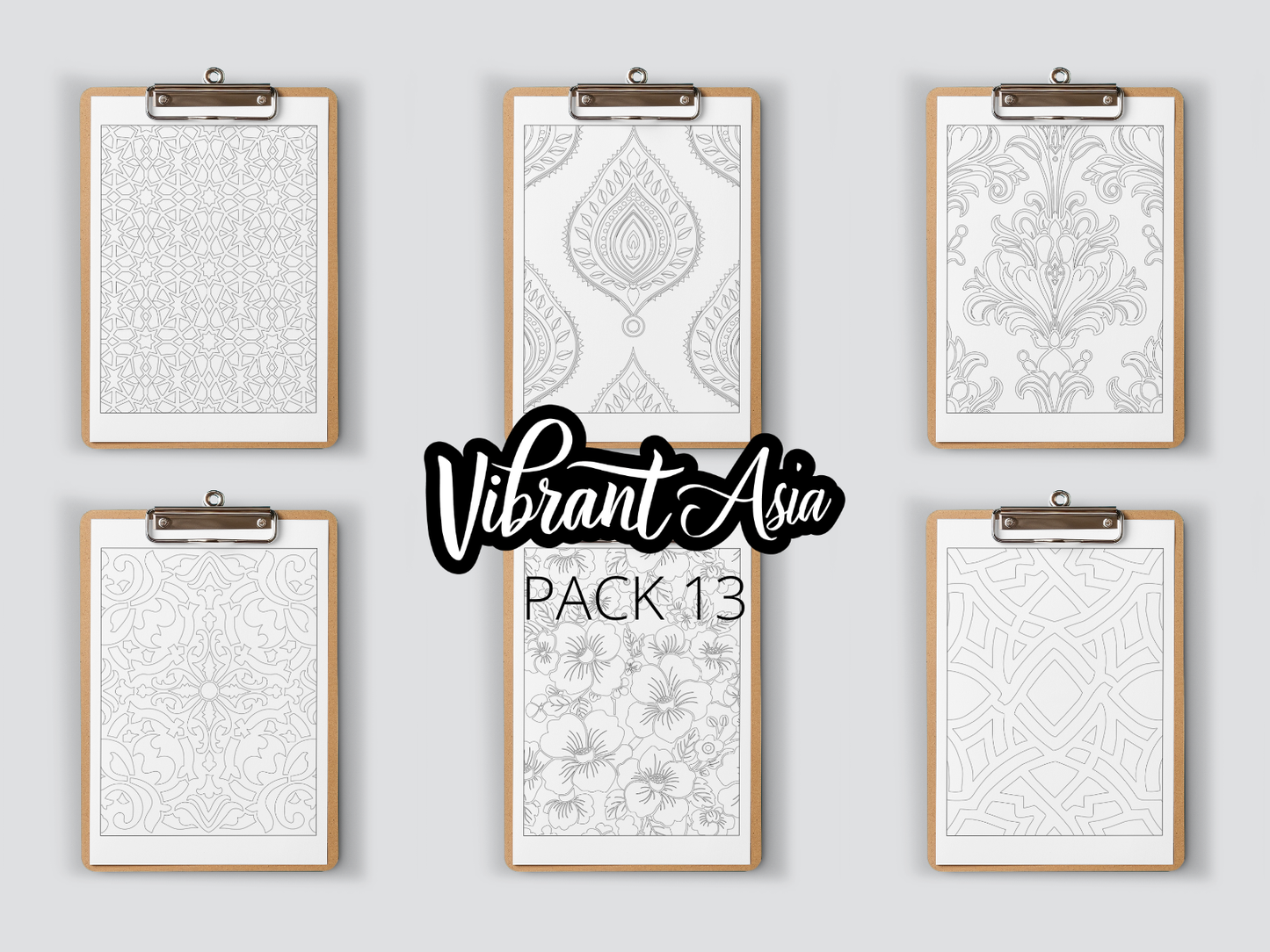 Set of six framed designs on clipboards with 'Vibrant Asia Pack 13' text.