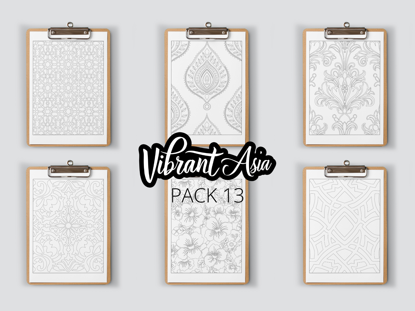Set of six framed designs on clipboards with 'Vibrant Asia Pack 13' text.