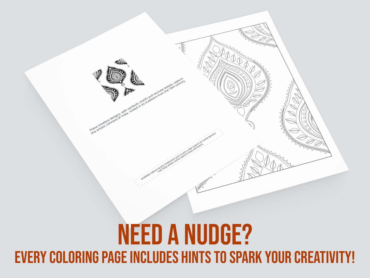 Two coloring pages with intricate designs on a gray background, accompanied by a sample image and  text encouraging creativity.