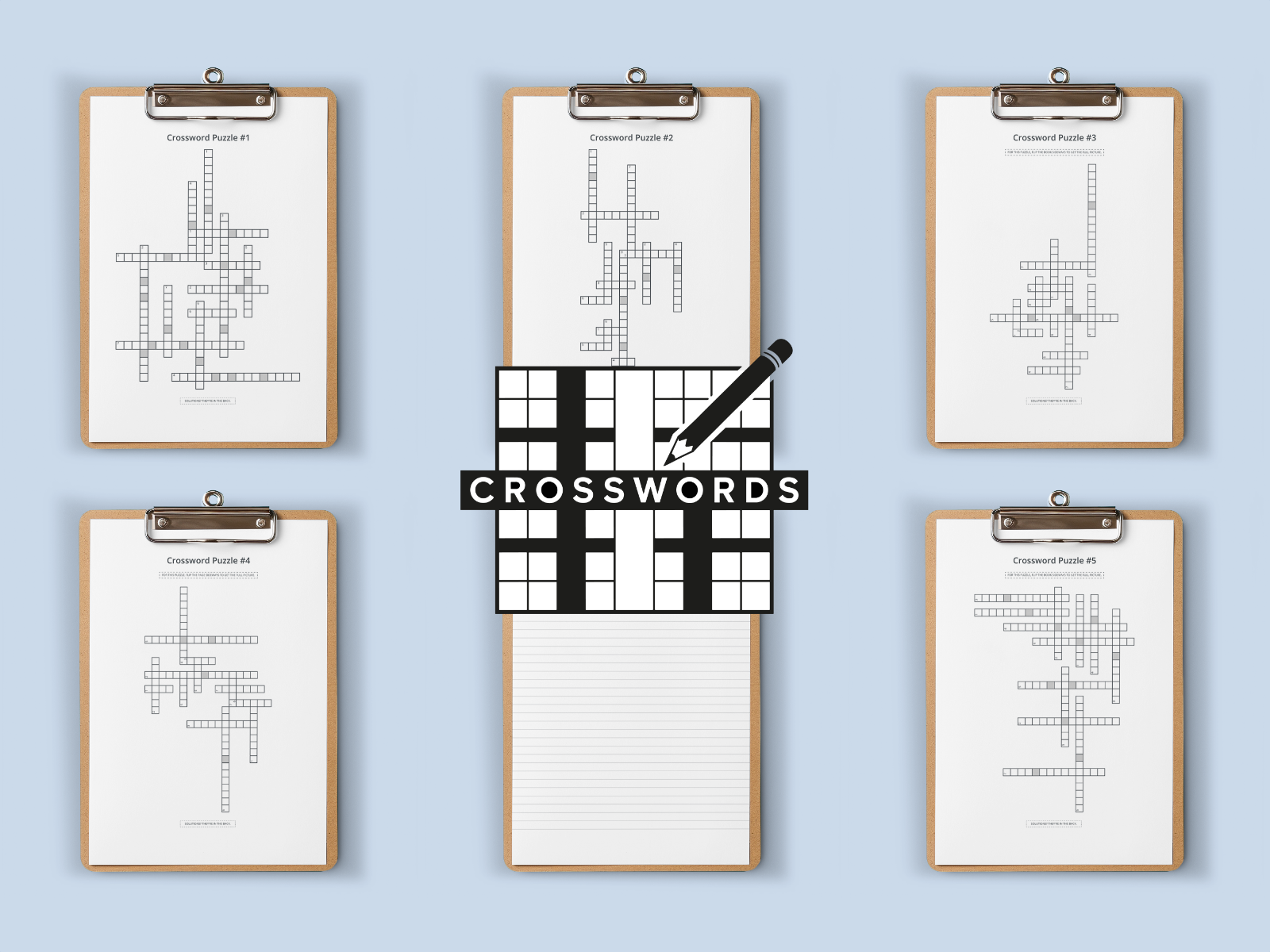 Set of six crossword puzzles on clipboards with a central crossword puzzle graphic and text.