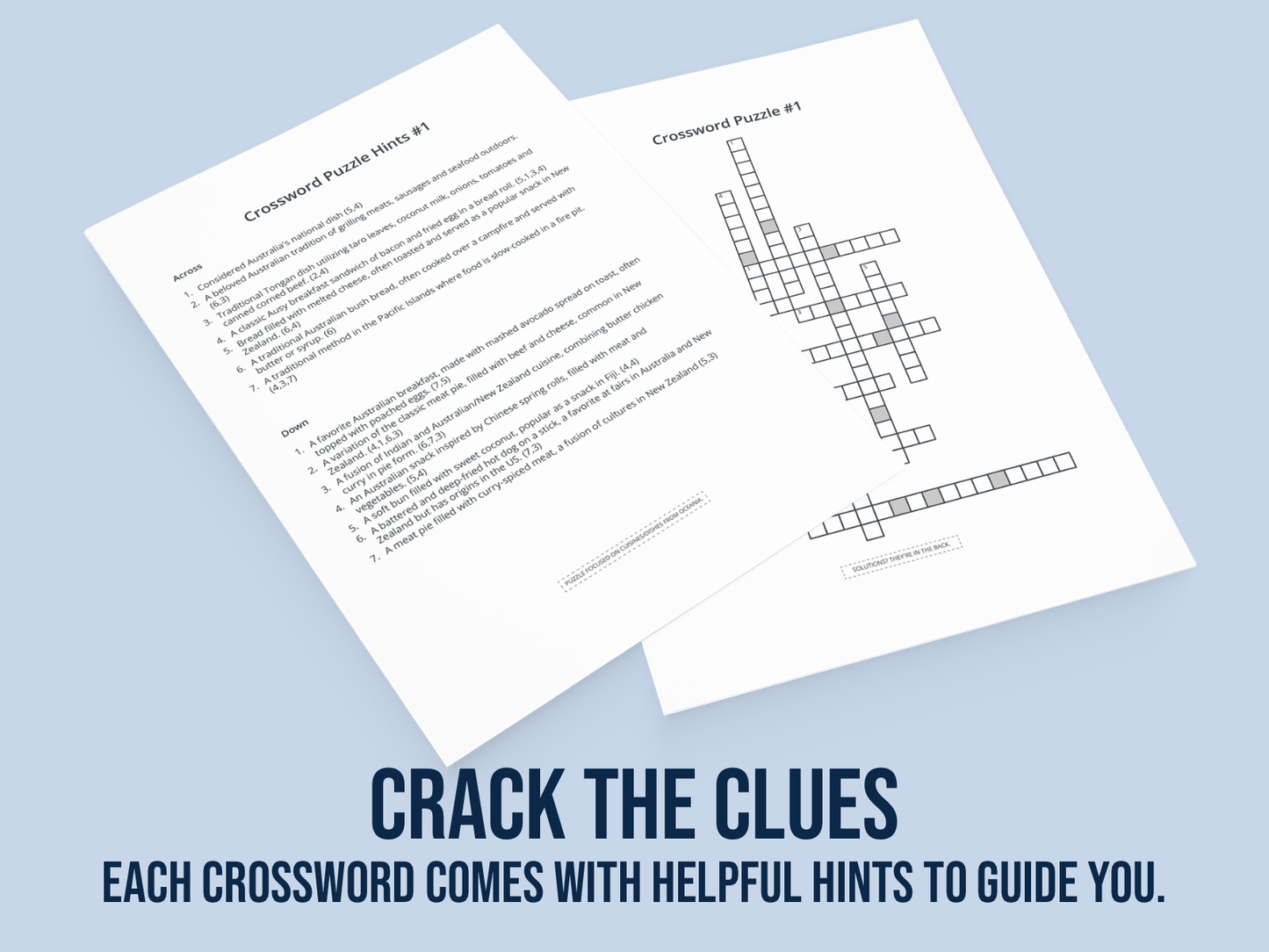 Two crossword puzzles on a light blue background with text encouraging users to 'Crack the Clues'.