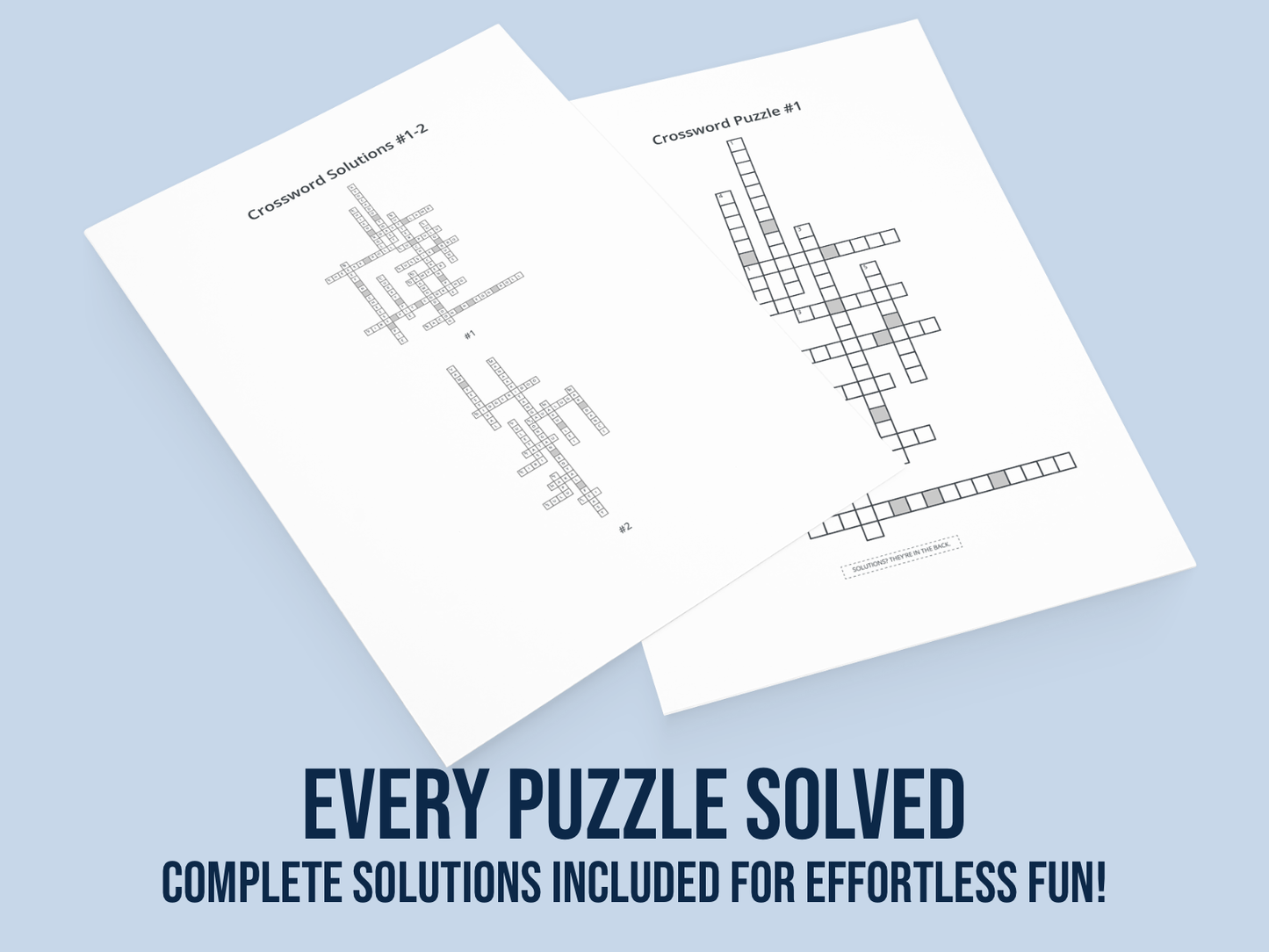 Two crossword puzzle sheets with solutions on a light blue background