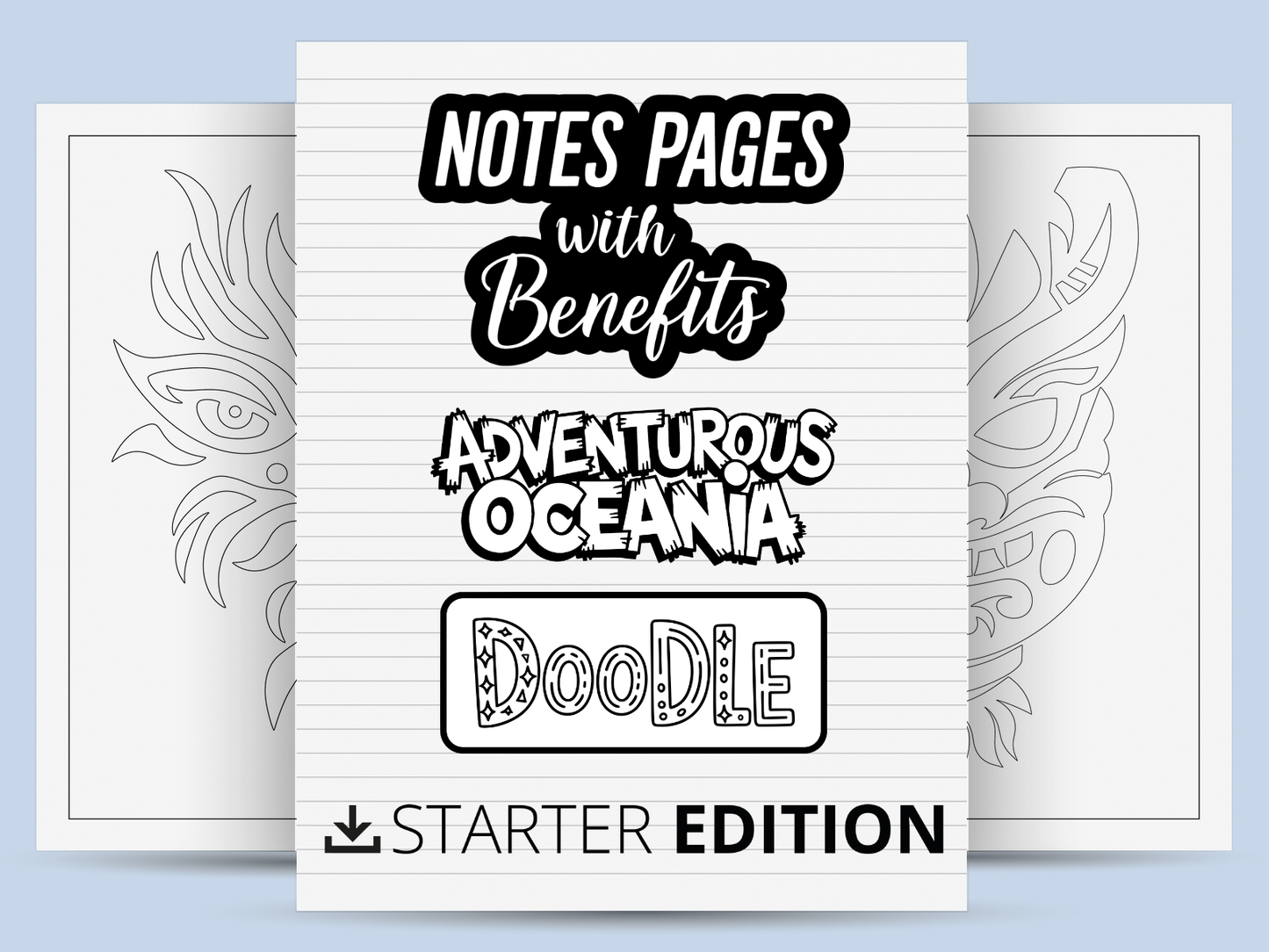 Notebook cover with text 'Notes Pages with Benefits' and 'Adventurous Oceania Doodle Starter Edition' on a light blue background.