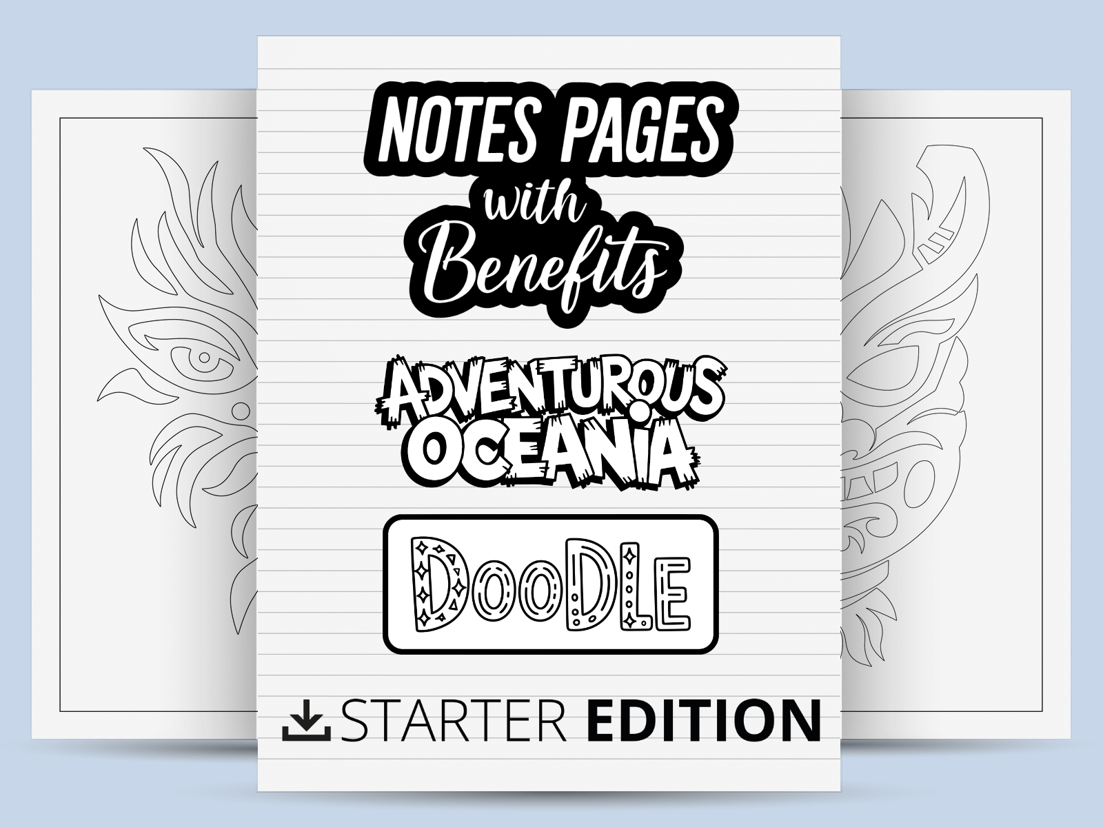 Notebook cover with text 'Notes Pages with Benefits' and 'Adventurous Oceania Doodle Starter Edition' on a light blue background.