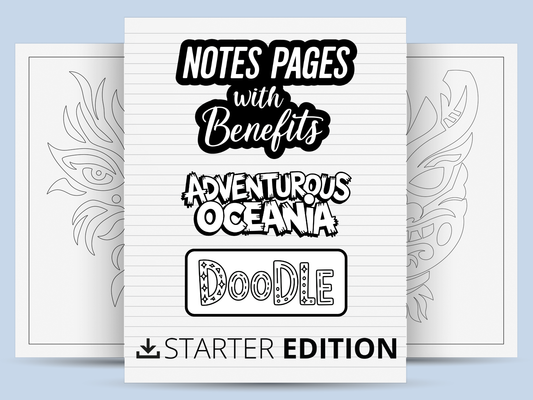 Notebook cover with text 'Notes Pages with Benefits' and 'Adventurous Oceania Doodle Starter Edition' on a light blue background.