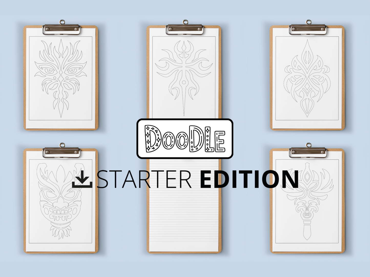 Set of six framed doodles with 'Doodle Starter Edition' text on a light blue background