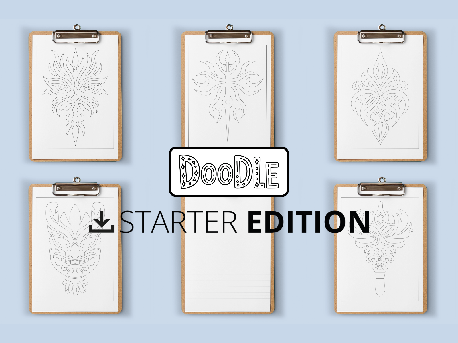 Set of six framed doodles with 'Doodle Starter Edition' text on a light blue background