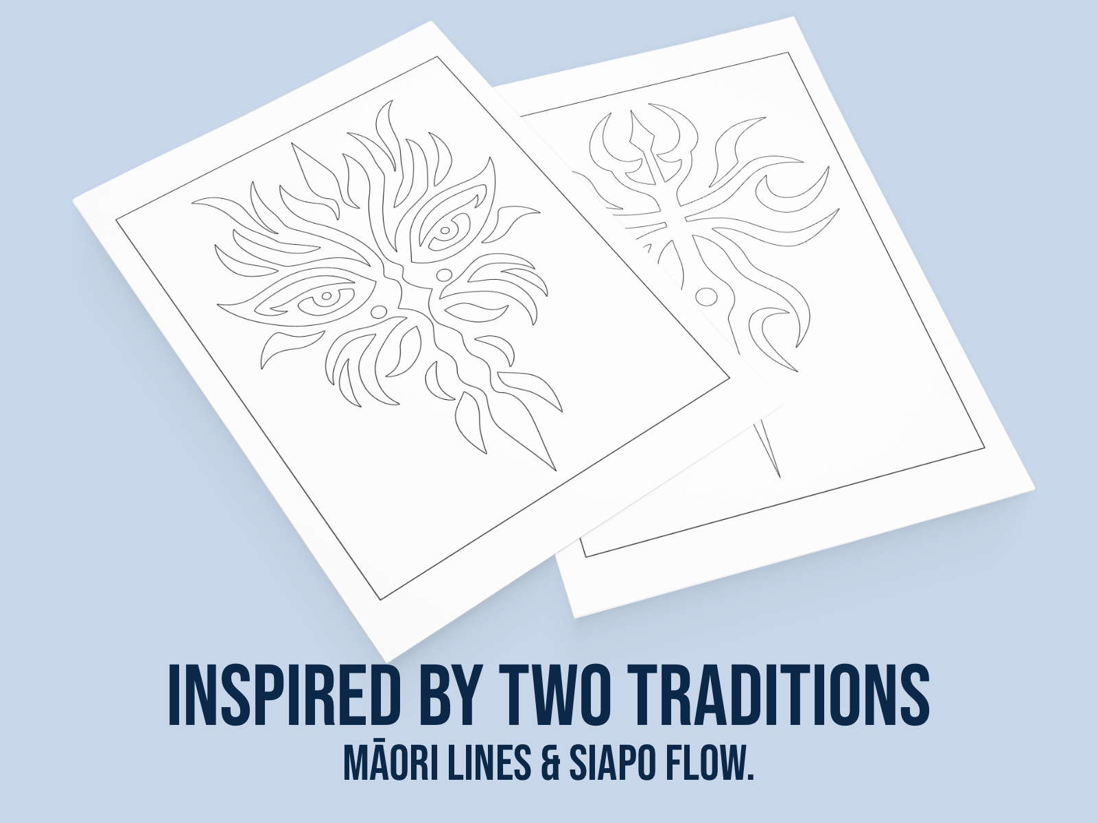 Two sheets of paper with tribal designs on a light blue background, inspired by Maori lines and Siapo flow.