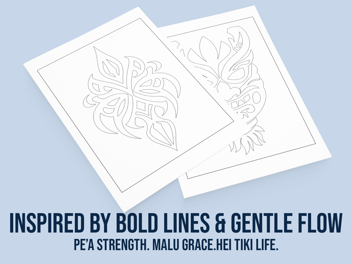 Two white cards with leaf designs on a light blue background, featuring text about tiki life.