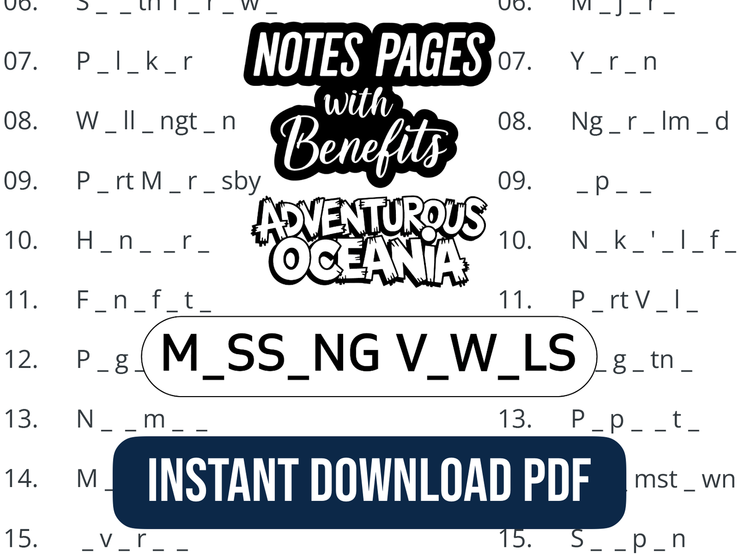 Text overlay over a Missing Vowels puzzle with promotional message for 'Notes Pages with Benefits' by 'Adventurous Oceania' on a white background.