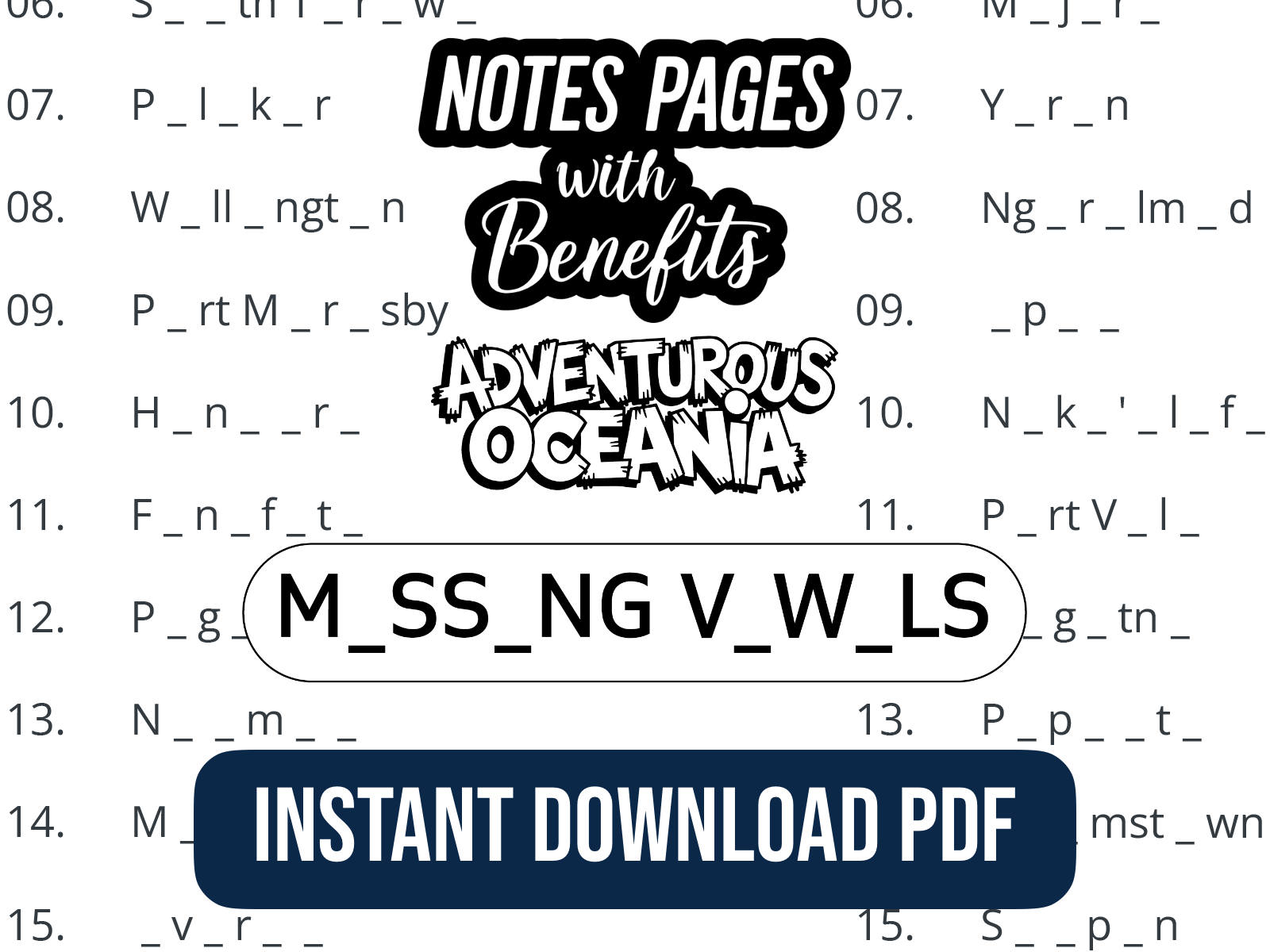 Text overlay over a Missing Vowels puzzle with promotional message for 'Notes Pages with Benefits' by 'Adventurous Oceania' on a white background.