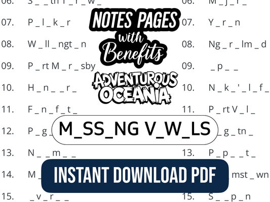 Text overlay over a Missing Vowels puzzle with promotional message for 'Notes Pages with Benefits' by 'Adventurous Oceania' on a white background.